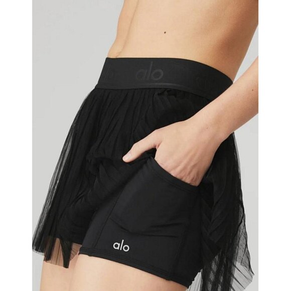 Alo Mesh Flirty Tennis Skirt Black Sheer Transparent See-Through A-Line Skort - Picture 8 of 14